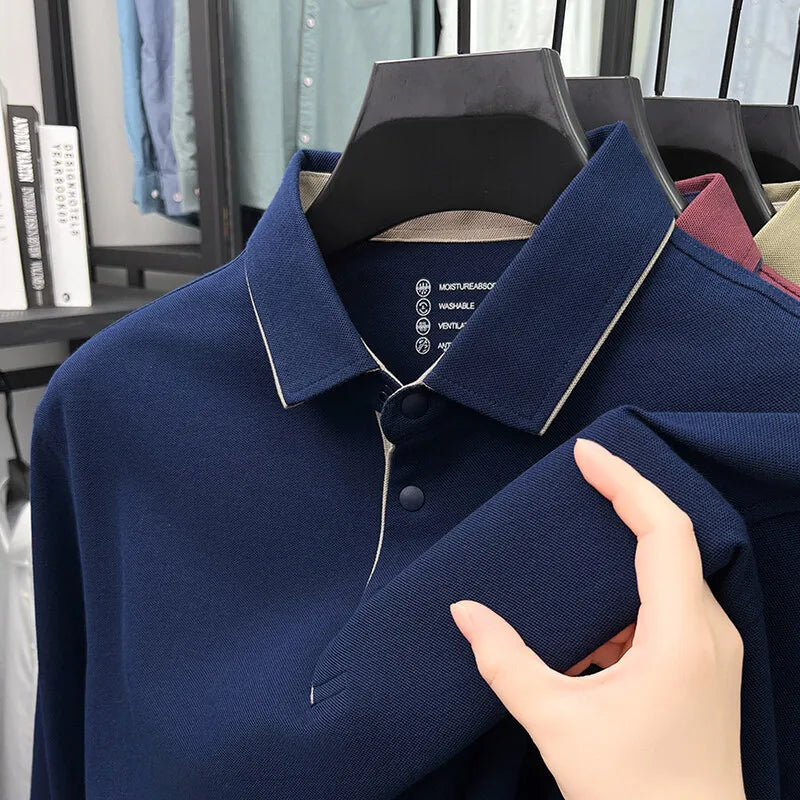Men's Long Sleeve T-Shirt in Spring and Autumn, Solid Color Polo Shirt with Collar, Business Casual Slim Fit Base Layer.M-4XL