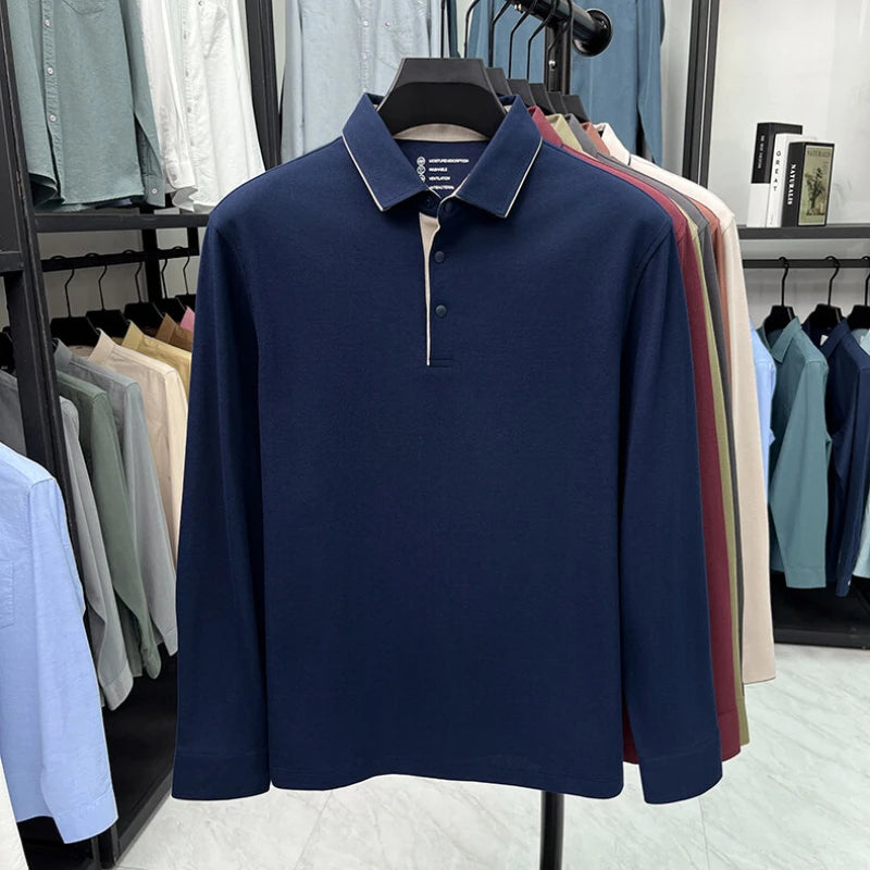 Men's Long Sleeve T-Shirt in Spring and Autumn, Solid Color Polo Shirt with Collar, Business Casual Slim Fit Base Layer.M-4XL