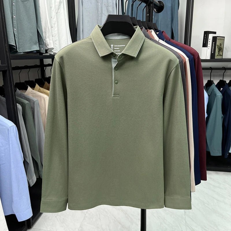 Men's Long Sleeve T-Shirt in Spring and Autumn, Solid Color Polo Shirt with Collar, Business Casual Slim Fit Base Layer.M-4XL