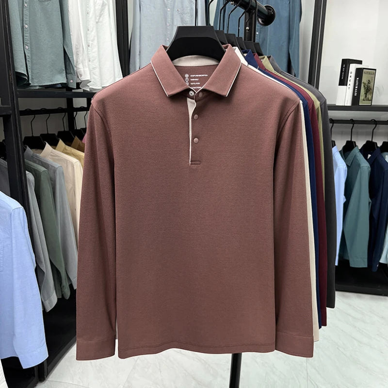 Men's Long Sleeve T-Shirt in Spring and Autumn, Solid Color Polo Shirt with Collar, Business Casual Slim Fit Base Layer.M-4XL