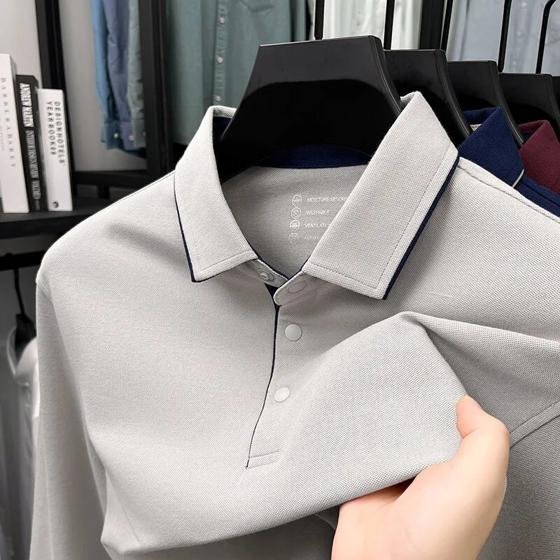 Men's Long Sleeve T-Shirt in Spring and Autumn, Solid Color Polo Shirt with Collar, Business Casual Slim Fit Base Layer.M-4XL