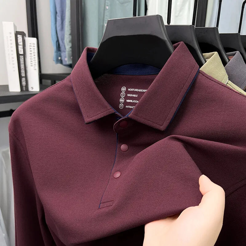 Men's Long Sleeve T-Shirt in Spring and Autumn, Solid Color Polo Shirt with Collar, Business Casual Slim Fit Base Layer.M-4XL