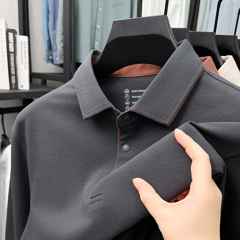 Men's Long Sleeve T-Shirt in Spring and Autumn, Solid Color Polo Shirt with Collar, Business Casual Slim Fit Base Layer.M-4XL